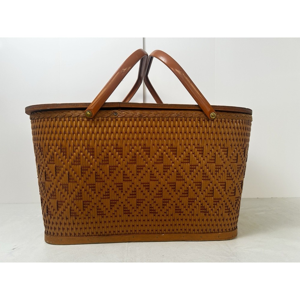 Vintage Redmon Woven Picnic Basket 22" Wood Lid & Handles Diamond Pattern